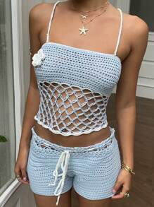 SHEIN EZwear 2 件女式套装：3D 花卉装饰镂空背心和针织短裤 - 淺藍色 - 查看 5