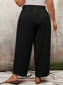 SHEIN CURVE+ Plus Size Casual Solid Color Loose Fit Long Pants Summer/Country/Beach Vacation - Black - View 2