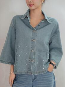 Dazy-Less 女式宽松经典复古牛仔衬衫，带水钻装饰，休闲装，短袖，春夏秋装，返校服，牛仔夹克，秋季女装 - 淺色水洗藍 - 查看 3