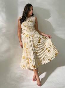 Firerie Conjunto de top sin mangas con cuello redondo y falda plisada holgada con estampado aleatorio de lámina de oro elegante y casual para vacaciones en talla grande, para primavera/verano