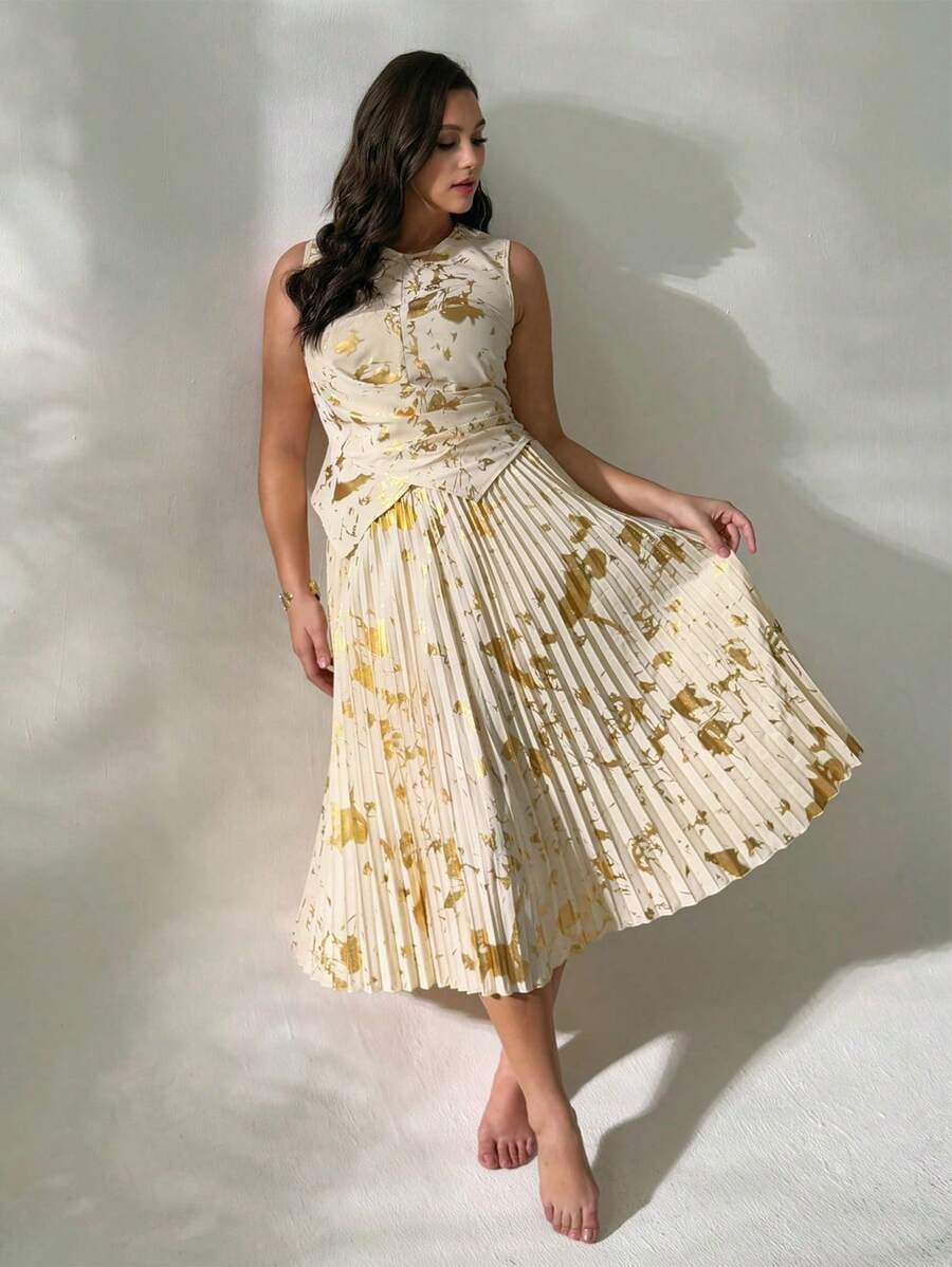 Firerie Conjunto de top sin mangas con cuello redondo y falda plisada holgada con estampado aleatorio de lámina de oro elegante y casual para vacaciones en talla grande, para primavera/verano