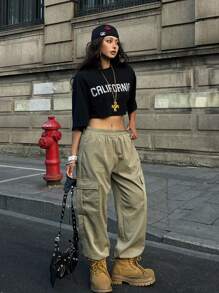 Coolane Women's Summer Streetwear Sport Going Out Cargo Cuffed Pants Green Pants Cargo Pants - Green - View 1