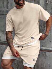 Manfinity Homme Plus Size Men's Waffle Patchwork Crew Neck T-Shirt & Shorts Set