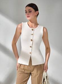 CLARA VERO Women Button Front Gold Button Knit Vest - Cream - View 5