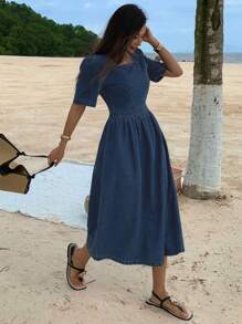 DAZY Vestido de mezclilla para mujer con cuello cuadrado, mangas abullonadas y cintura fruncida, estilo occidental de verano