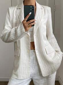 DAZY Women's Striped Lapel Lightweight Summer Blazer Linen, Fall Clothes Business Attire - White - View 6