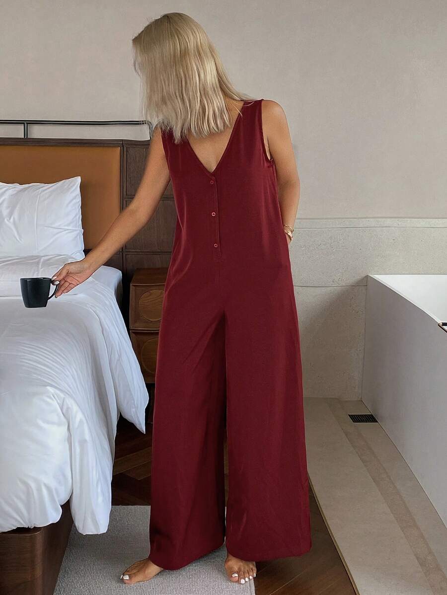 DAZY Mono de mujer de un solo color con cuello en V y sin mangas, ropa de casa informal y holgada