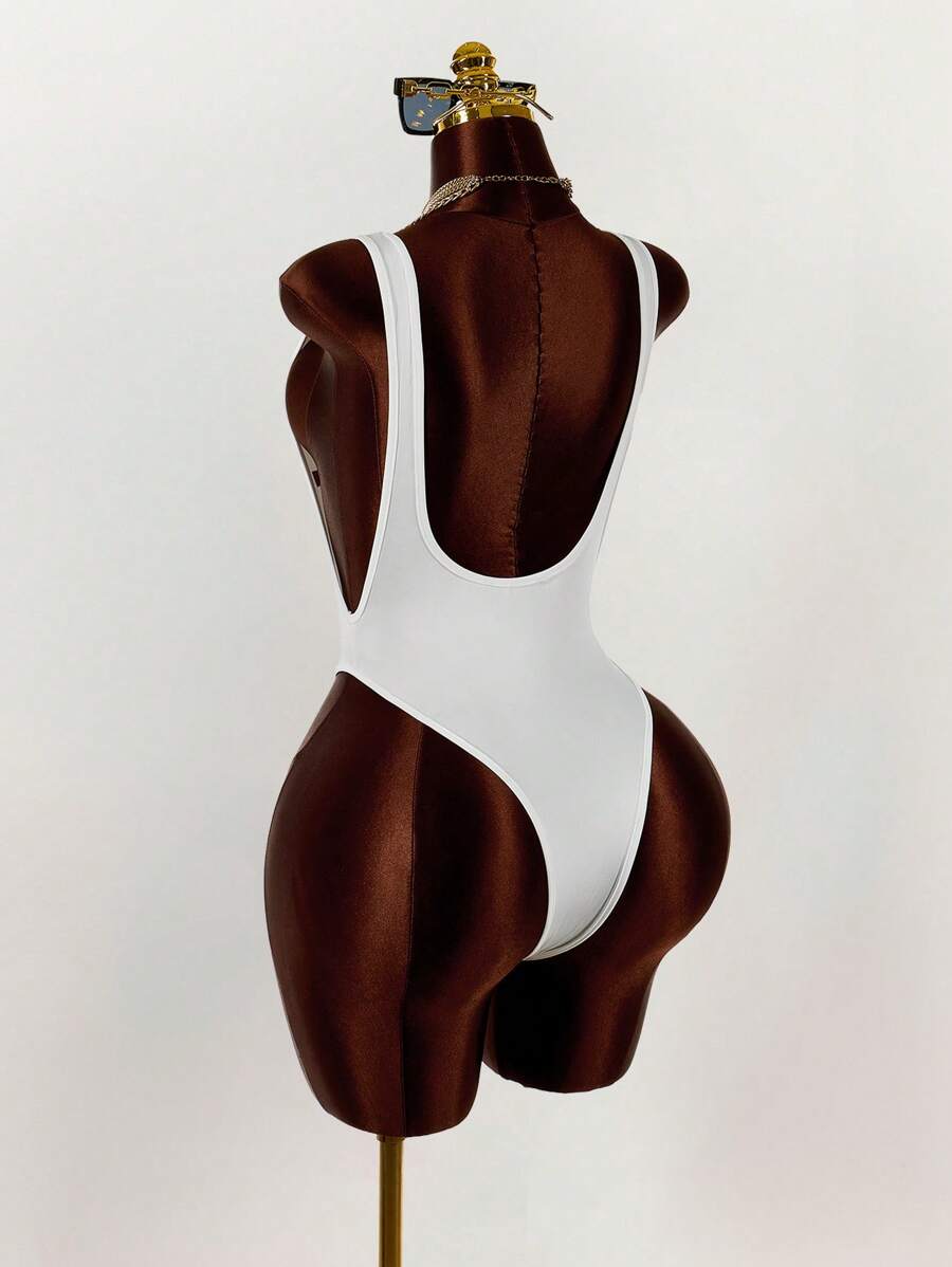 Amplova 女式字母印花露背紧身性感连体衣 - 白色 - 查看 1