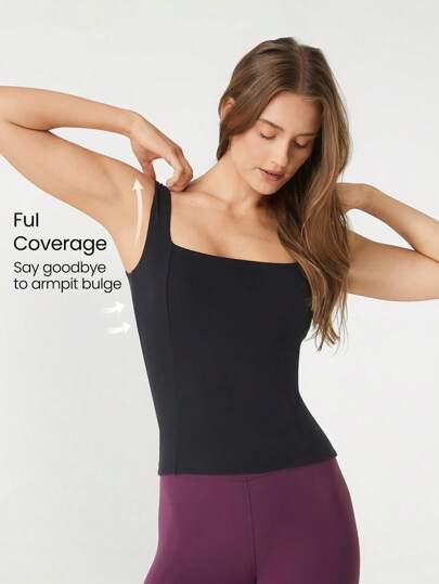 GLOWMODE Regata Longline de Pescoço Quadrado com Cobertura Total de Axila FeatherFit™, Baixo Impacto, Ioga Diária, Alças Removíveis