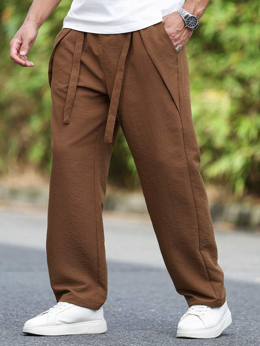 Manfinity Homme Men's Solid Color Pocketed Loose Casual Linen-Look Belted Pants - Coffee Brown - View 1