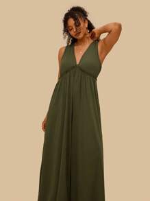 Travachic Mono de tejido elástico y cómodo con cuello en V y bolsillos para mujeres de tallas grandes, mono informal holgado de punto verde del ejército
