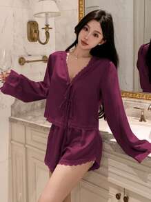 DAZY Romantic Lace Patchwork Satin Bowknot Top And Shorts Pajama Set For Women, Fall Winter Clothes