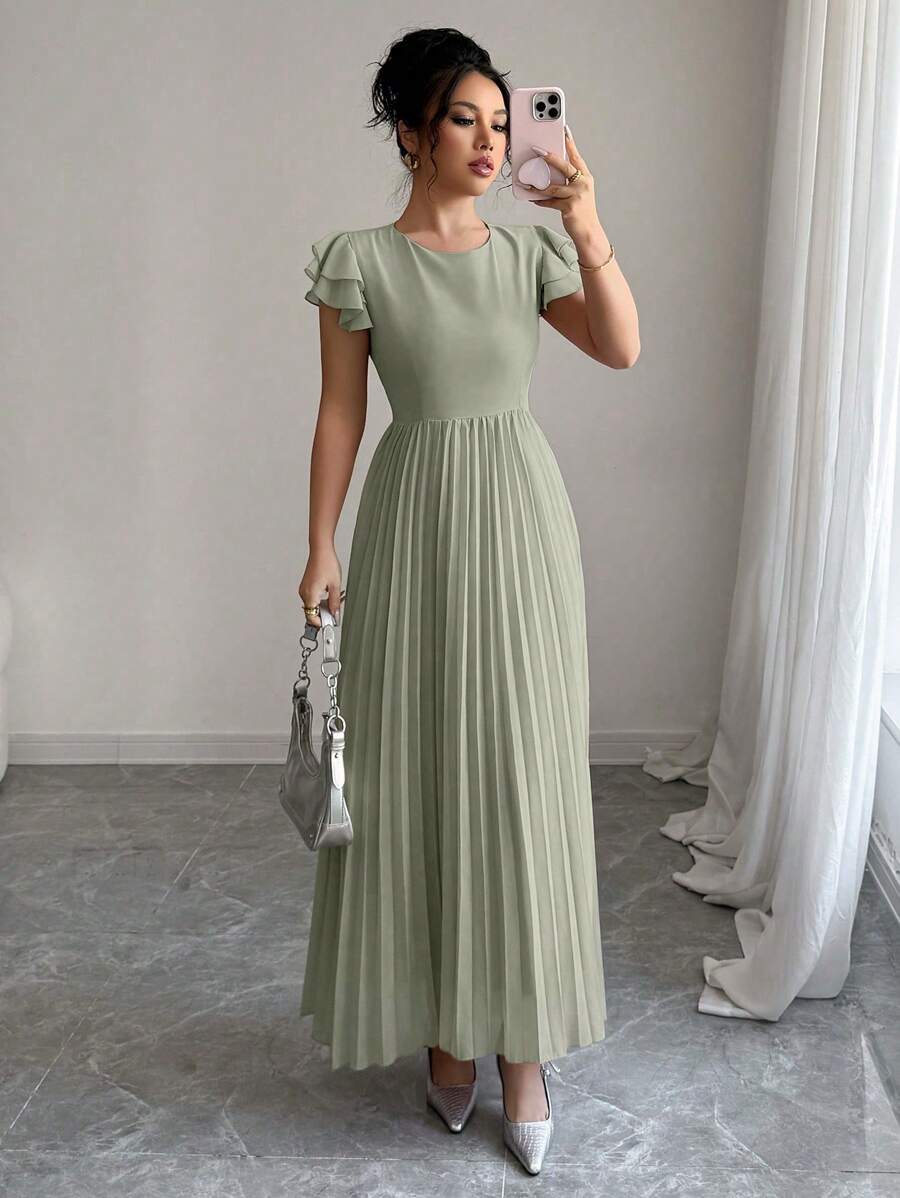 Modelyn Women Plus Size Ruffle Sleeve Pleated Dress - Green - View 1