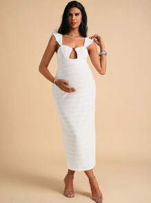 MaterniChic Maternity Solid Color Hollow Out Fitted Elegant Summer Dress Baby Shower Maternity Dress Maternity Photoshoot Maternity Dress Maternity White Dress - White - View 8