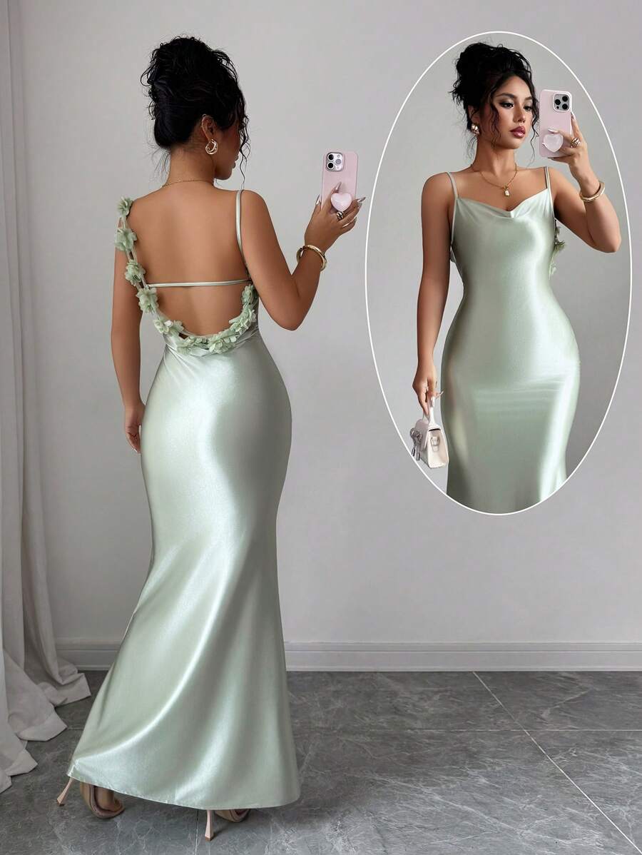 Elenzga Women's Elegant Summer Evening Dress, 3D Floral, Satin Spaghetti Strap Backless Waist Cinched Dress, Suitable For Gala, Party, Luxury Evening Gown - Green - View 1