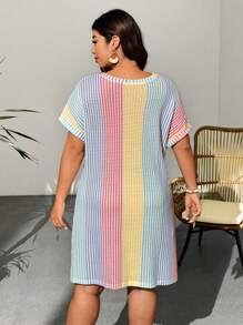 SHEIN Clasi Plus Size Women Contrast Color V-Neck Batwing Short Sleeve Casual Summer Dress - Multicolor - View 2