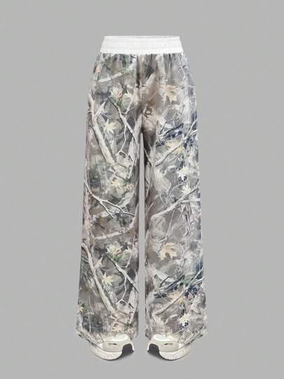 SHEIN Girlism Tween Girls Casual Sporty Streetwear Fashion Camouflage & Leaf Print Contrast Waistband Loose Wide-Leg Sweatpants Loose Pants Camo Pants Fall Winter