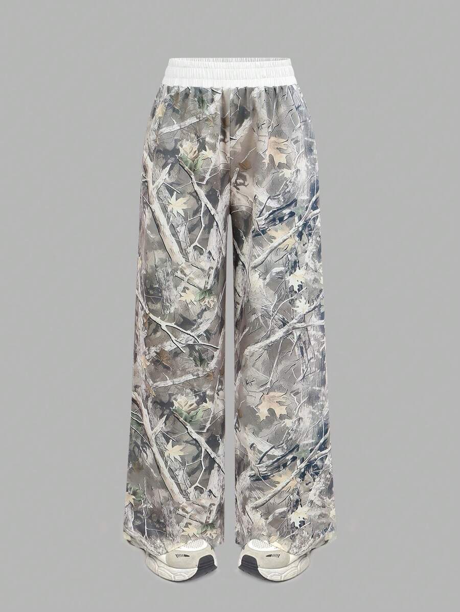 SHEIN Girlism 青少年女孩休闲运动街头时尚迷彩和树叶印花撞色腰带宽松阔腿运动裤 - 軍綠色 - 查看 1