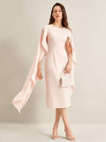 SHEIN Clasi Women's Elegant Cloak Sleeve Solid Color Long Dress With Slit Hem And Waist Strap Fall Cloth For Women