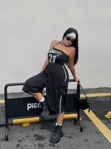 POPSWAY Plus Size Women Summer Outfit Set: Tube Top, Off-Shoulder Graphic Tee, And Lightweight Printed Jumpsuit With Loose Straight Leg, Casual Summer Slouchy Overalls - Black - View 4