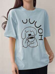 DAZY 女士休闲落肩短袖圆领T恤，卡通线条印花图案，夏季，图案T恤，教师装