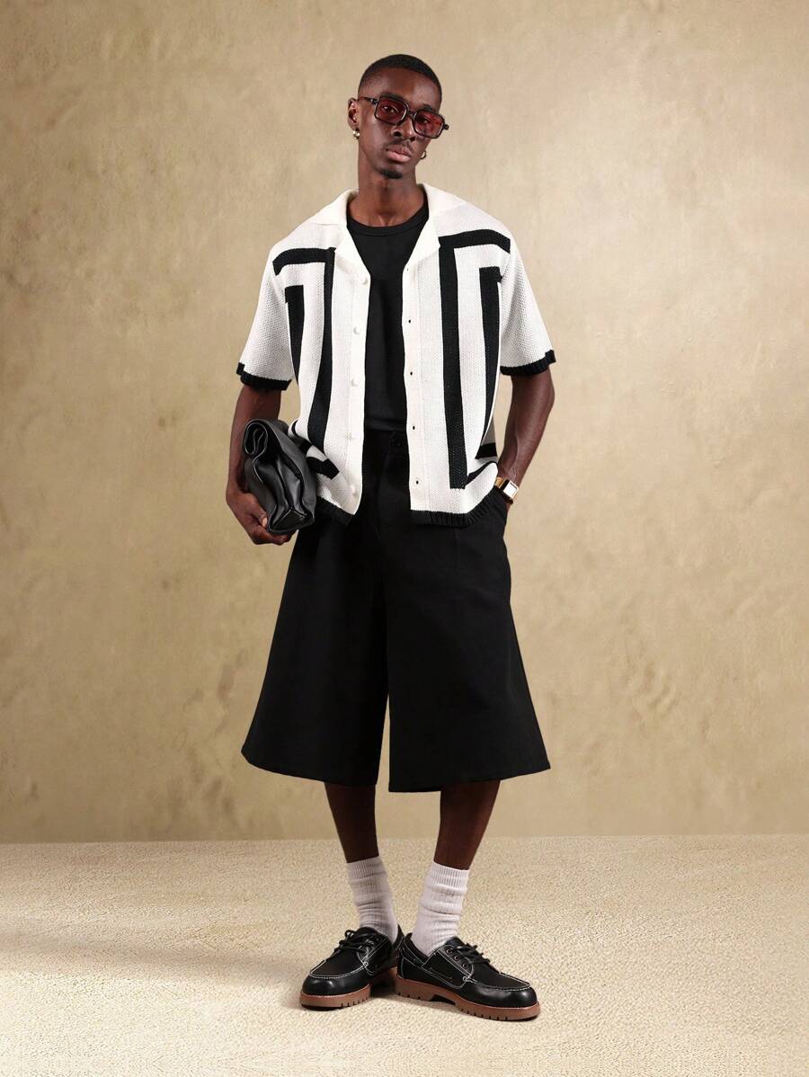 SUMWON Cardigan tricotat contemporan cu nasturi, mânecă scurtă, vară din plasă, ușor, stil Varsity, streetwear, casual, urban, modă - Alb-negru - Vizualizare 1