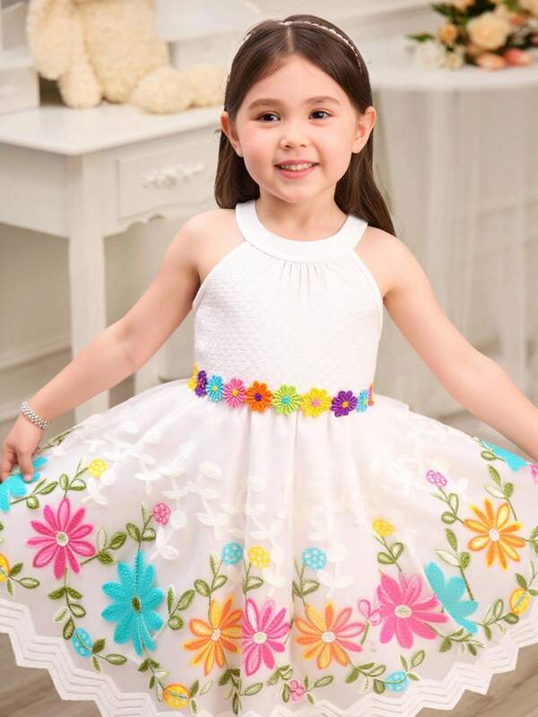 Glamorique Kids Young Girl Spring/Summer New Sleeveless Scoop Neck Textured Fabric Colorful Floral Lace Patchwork Embroidered Floral Mesh Everyday Party Summery Sweet Dress Flower Girl Dresses Girls Summer Dresses