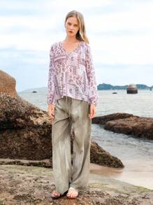 Lumivelle SeasideVibes Women's V-Neck Patchwork Print Semi-Sheer Blouse, Vacation Style Fall Cloth For Women