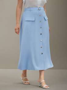 Flouryn تنورة أنيقة مزينة بأزرار على شكل خط A لحجم كبير للنساء (مع حزام الخصر) ملابس نسائية للصيف والعطلات للنساء ذوات المنحنيات، ملابس زفاف من شاين كيرف - الأزرق - مشاهدة 6