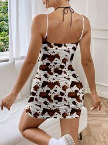 SHEIN EZwear Mia Cow Print Pattern Spaghetti Strap Dress With Ruched Bustline And Bra Padding, Western Boho Square Neck Sleeveless Dress Suitable For Summer, Beach, Graduation - Multicolor - View 2