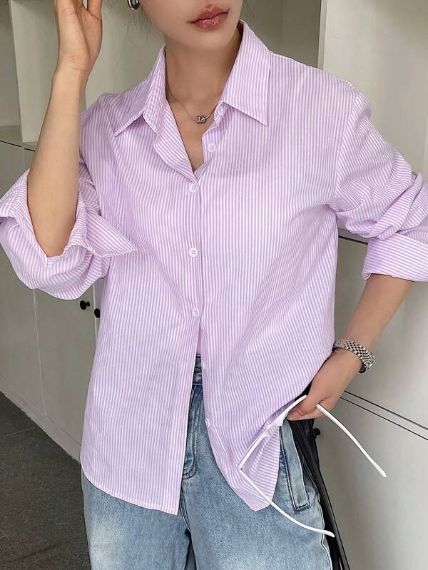 DAZY Women Single-Breasted Casual Striped Long Sleeve Shirt For Summer