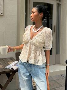 SHEIN Frenchy Women's Solid Color Deep V-Neck Ruffle Hem Short Sleeve Blouse Summer