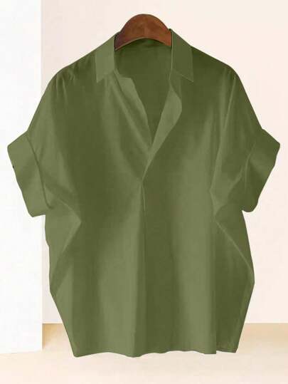 Franclia 女式简约设计宽松翻领纯色绿色短袖衬衫