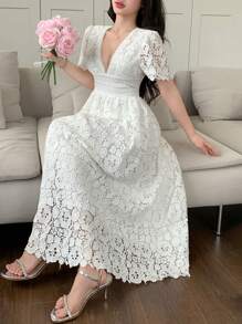 DAZY Women's Summer Deep V-Neck Lace Fabric Short Sleeve Cinched Waist Elegant LADY Style Long Maxi Party Dress - White - View 2
