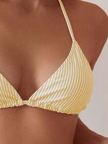 Swim Vcay Printed Random Striped Pattern Spaghetti Strap Cami Top And Side Tie Drawstring Swim Bottoms Yellow Bikini Set For Summer Beach Vacation - Multicolor - View 4