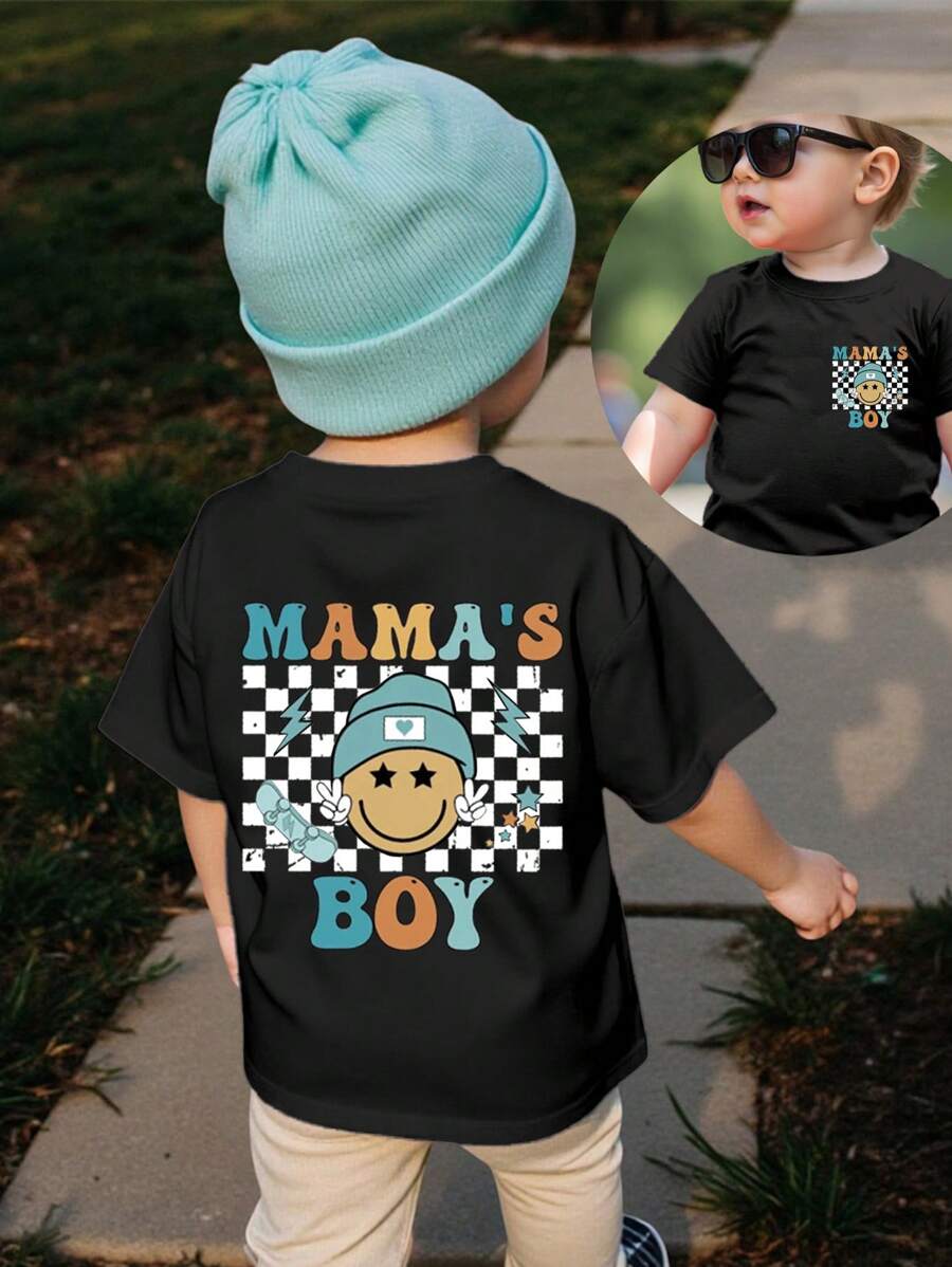 SHEIN Playful Pals 男宝宝夏季休闲可爱格纹“MAMA'S BOY”字母印花圆领短袖T恤 - 黑色 - 查看 1