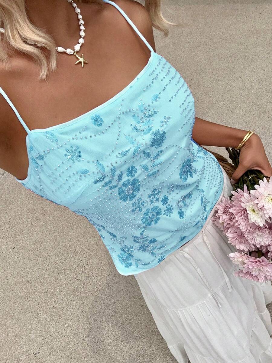 SHEIN EZwear Áo hai dây hở lưng đính hạt mùa hè dành cho nữ, thích hợp mặc trong ngày lễ - Màu xanh lam - Xem 1
