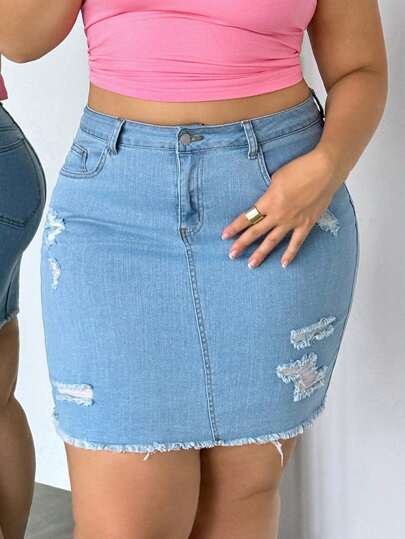 SHEIN MOD Plus Size Summer Casual Denim Skirt With Distressed And Frayed Edges