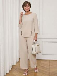 Miaspire 女士纯色圆领七分袖上衣和裤子两件套，夏季套装，度假装，外出休闲装，春夏女士休闲装 - 彩色 - 查看 1