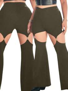 SHEIN MOOSTA Plus Festival, Boho, Hippie, Cowgirl, Old Money Solid Color Hollow Out Sexy Skinny Flare Pants Fall Cloth For Women