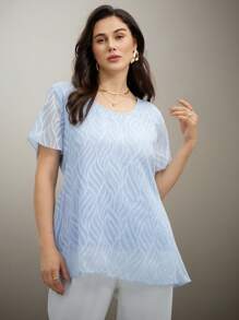 SHEIN Clasi 大码女式优雅花卉蕾丝覆盖束腰上衣，浅蓝色 - 藍色 - 查看 5