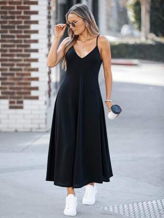 Wildy Robe noire sans manches minimaliste et décontractée pour femmes, convenant pour le printemps/l'été