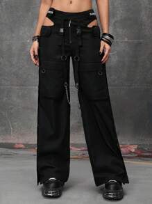 ROMWE Grunge Punk Y3K 功能风格侧金属扣金属链工装裤 - 黑色 - 查看 6