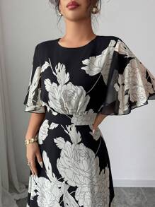 Modelyn Women's Elegant Spring/Summer Round Neck Ruffle Flare Sleeve Fitted Flowy Chiffon Dress - Black - View 4