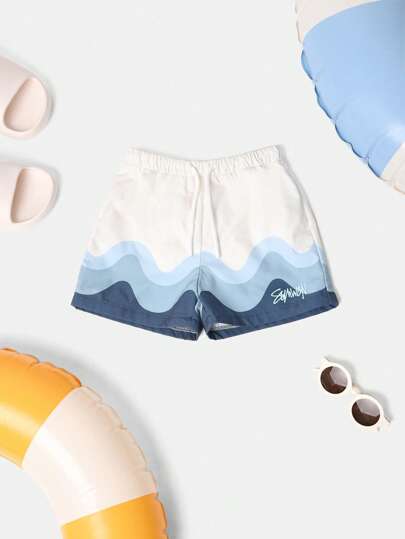 SUMWON Boys Summer Wave Pattern Swim Trunks Beach Board Shorts Swimming Pool Bathing Suit Surfing Athletic Vacation Holiday Swimwear With Elastic Waistband