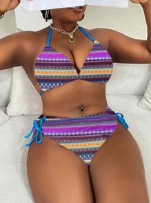 SHEIN Swim Curve 大尺碼女款 2件組/套 紋理面料綁帶式性感鏤空比基尼泳衣套裝，適合海灘與度假，適用於夏季海灘假期 - 彩色 - 查看 4