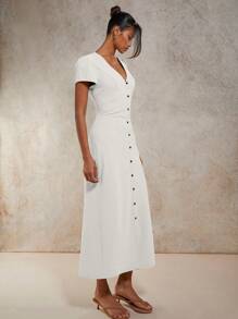 COSMINA 女式 V 领单排扣飘袖中长连衣裙，优雅夏日 - 白色 - 查看 5