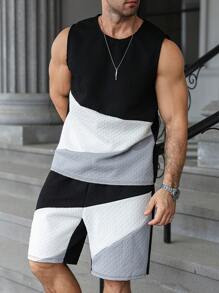 Manfinity Homme Plus Size Men's Casual Textured Color Block Tank Top & Shorts Set