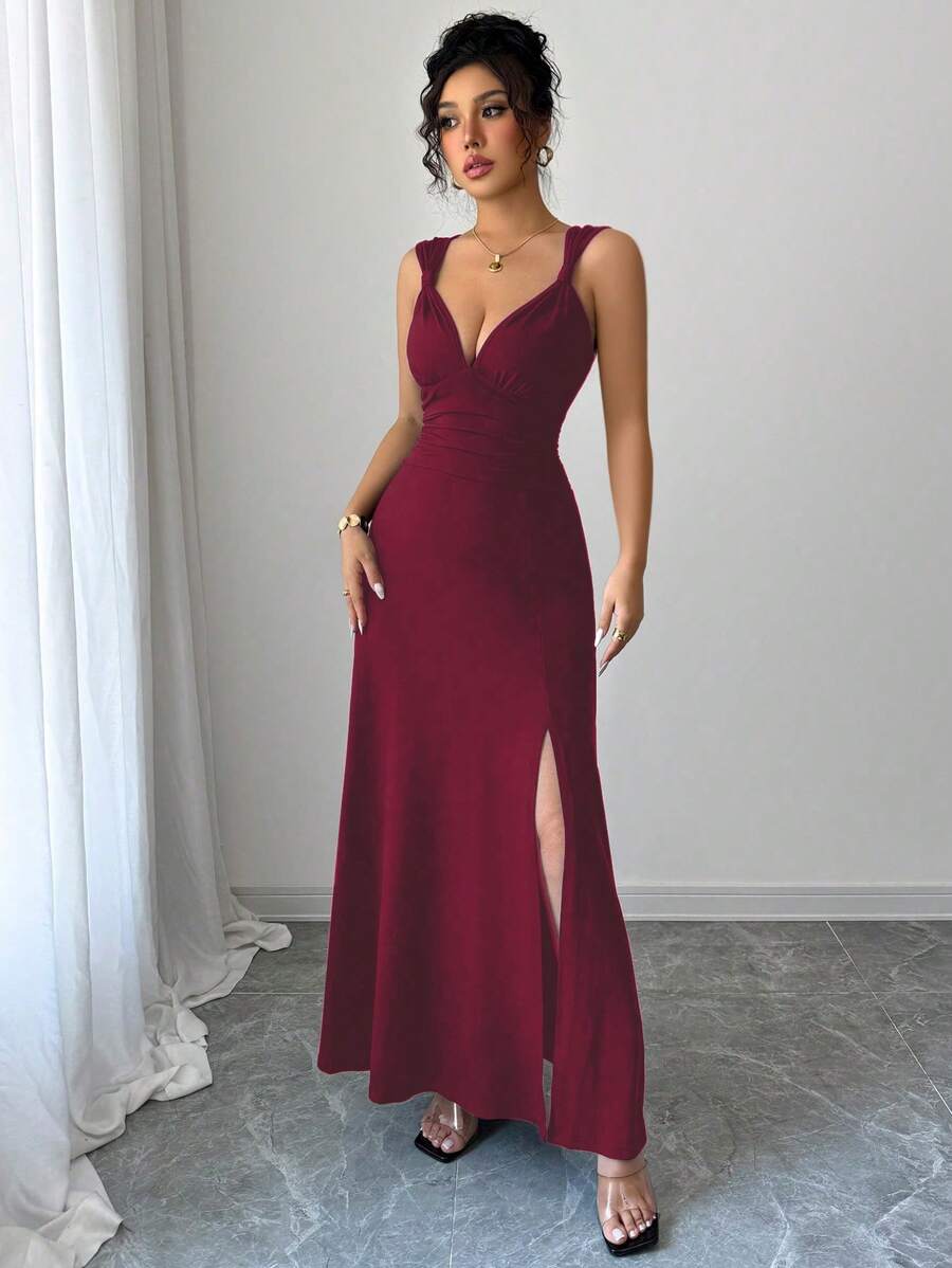 Chiquease Vestido maxi de tirantes con escote en V profundo y abertura alta en un solo color, sexy para mujer - Burdeos - Ver 1