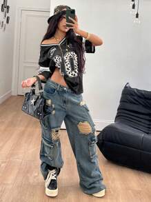 Coolane Women's Spring Summer Streetwear Y2K Leopard Print Number Graphic Football Jersey V-Neck Pink T-Shirt - Black - View 2